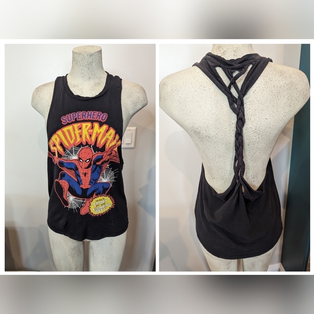 Marvel Women's Spiderman Tank braided back black Rare Unique Women's Top size S - Picture 2 of 9